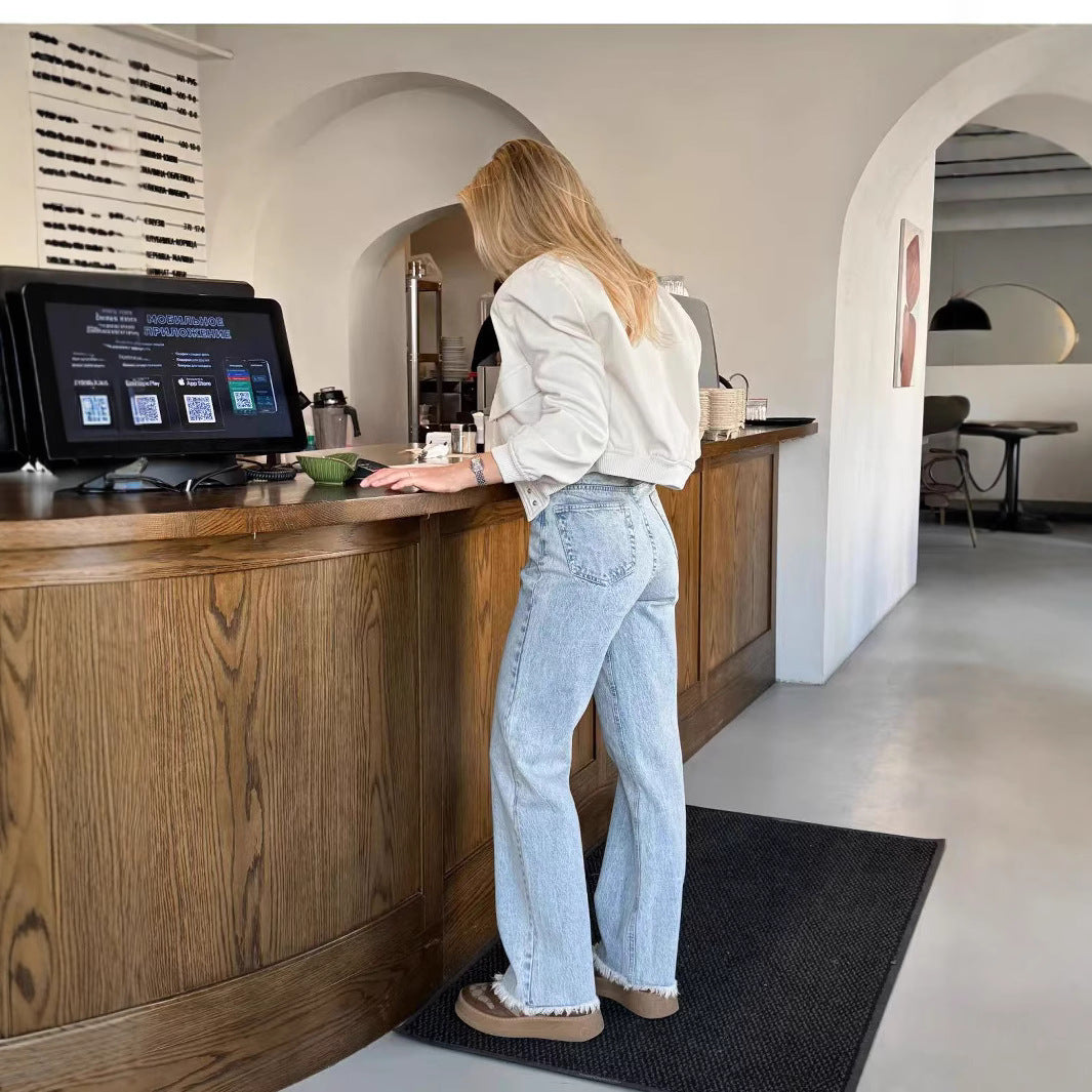 Damen Hochgeschnittene weite Jeanshose im Vintage-Style mit authentischem Used-Look R&B
