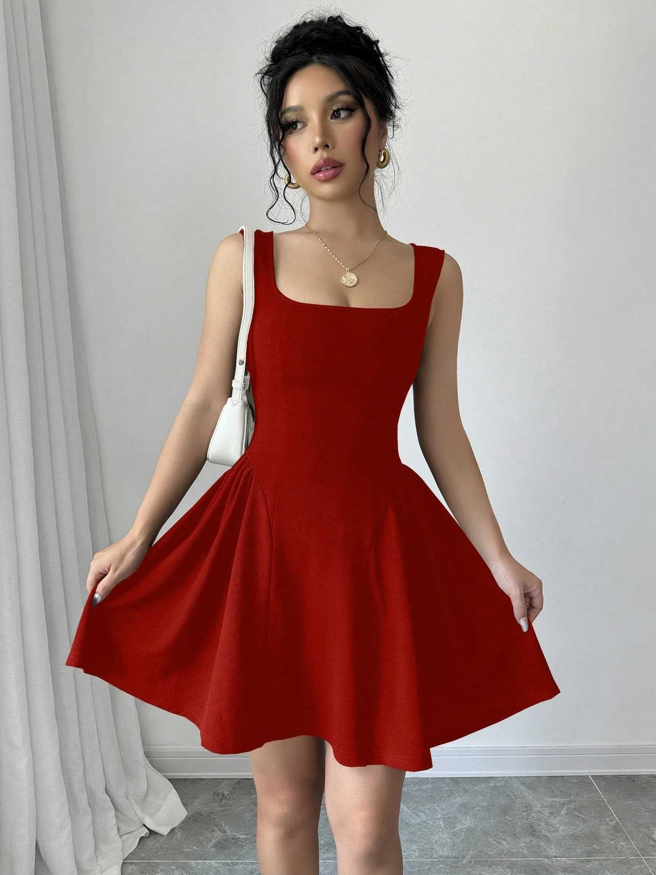 Damen A-Linien Kleid mit Quadrat-Ausschnitt und fließendem Rock