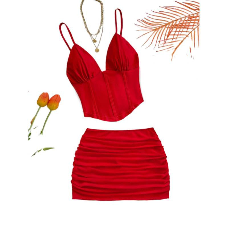 Damen Crop-Top und Mini-Rock Set mit raffinierten Raffungseffekten R&B
