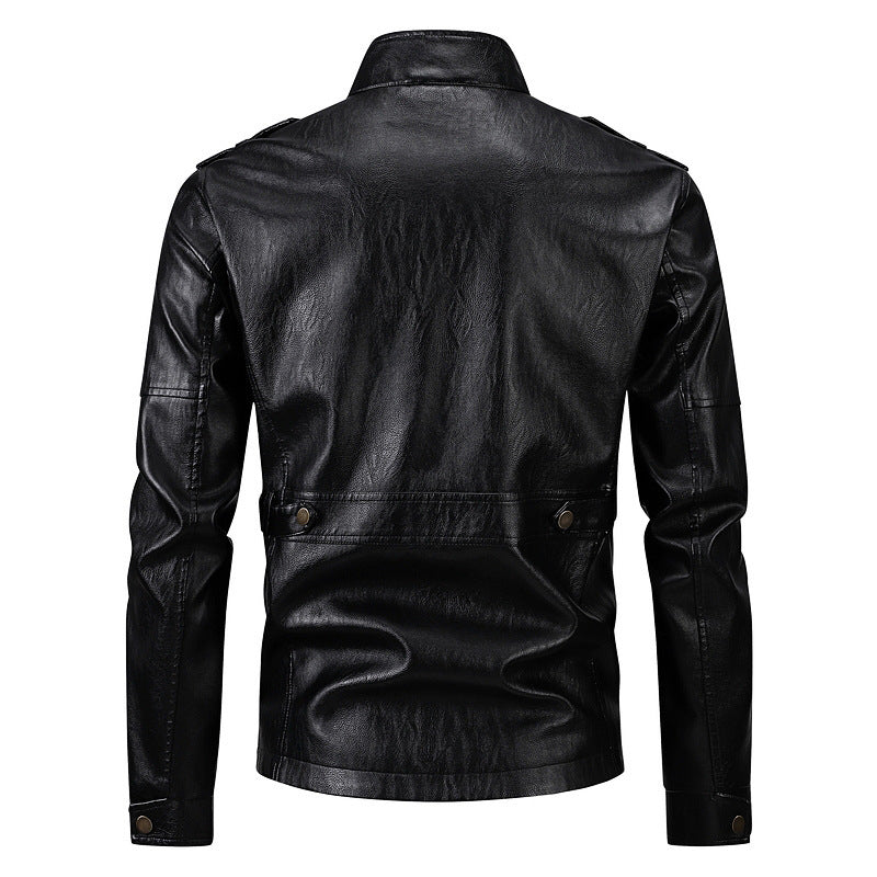 Herren Militärjacke aus Kunstleder mit praktischen Taschen und hohem Kragen R&B