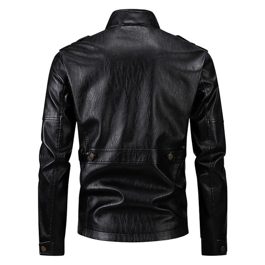 Herren Militärjacke aus Kunstleder mit praktischen Taschen und hohem Kragen R&B