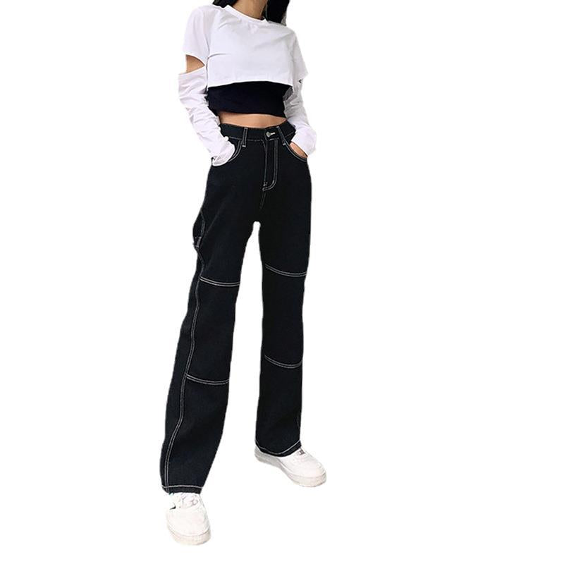 Damen weite Jeans mit modischen Kontrastnähten R&B