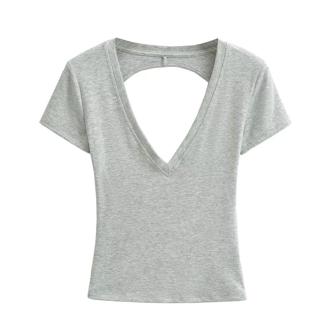 Damen modisches V-Ausschnitt T-Shirt mit offenem Rücken R&B