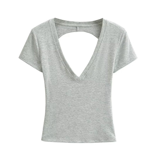 Damen modisches V-Ausschnitt T-Shirt mit offenem Rücken R&B