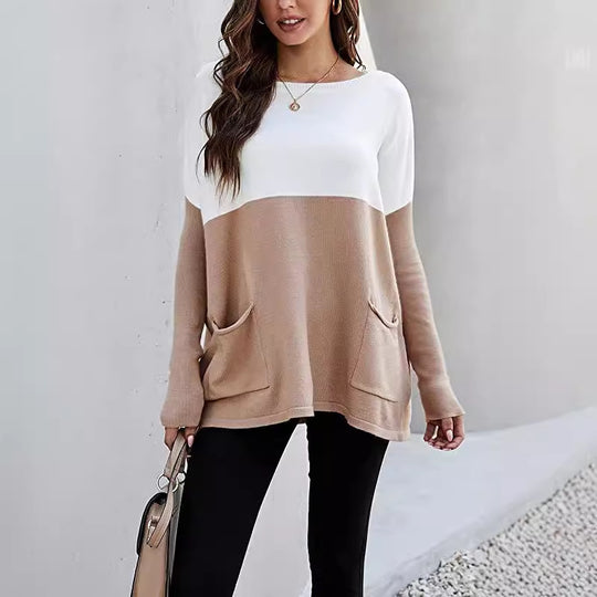 Damen Strickpullover mit großen Fronttaschen und kontrastiertem Design R&B