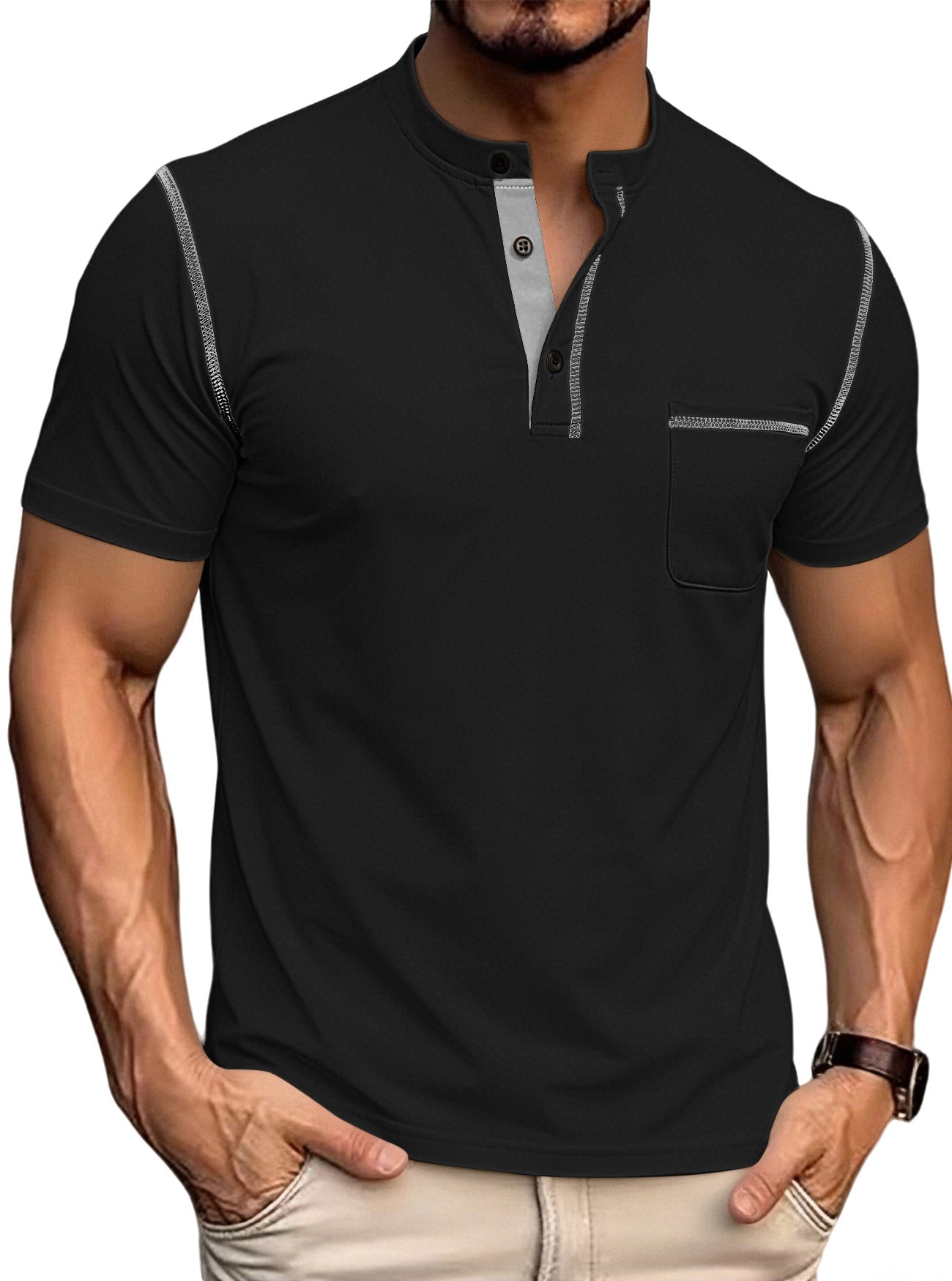 Herren nan kurzärmeliges Henley-Shirt mit Stehkragen, Brusttasche und kontrastierenden Ziernähten R&B