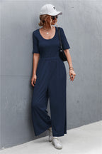 Damen Jumpsuit mit weitem Bein und elegantem Rundhalsausschnitt R&B