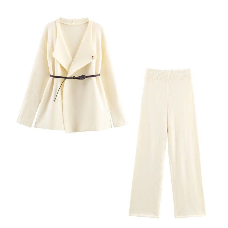 Damen elegantes Strickset mit tailliertem Blazer und weitem Hosenbein R&B