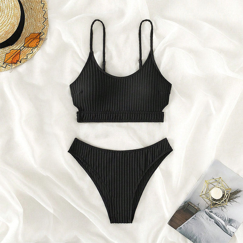Damen Hochtailliertes Bikini-Set mit gedämpfter Rippstruktur