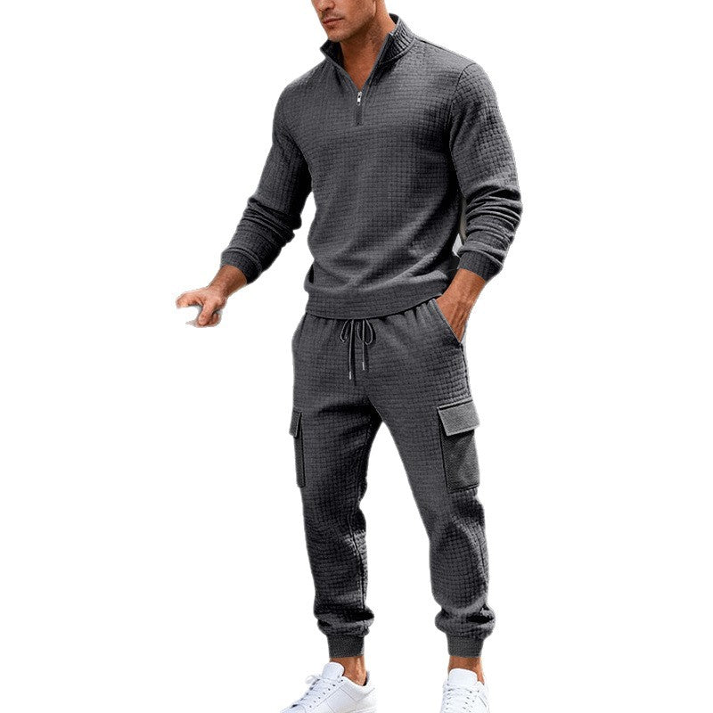 Herren nan Cargo-Jogginganzug mit halbem Reißverschluss, strukturierter Waffel-Strickoptik und elastischem Bund R&B