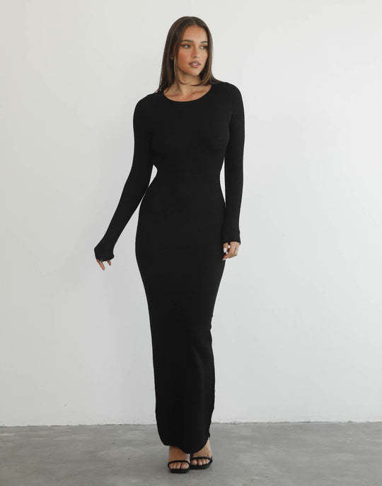Damen figurbetontes Maxikleid aus hochwertigem Rippstrickstoff mit tiefem Ausschnitt R&B