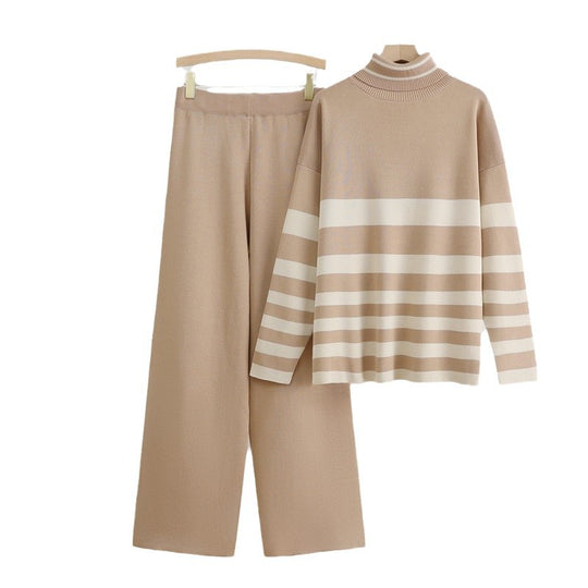Damen Komfortables Strick-Loungewear-Set mit hohem Kragen und breiten Streifen R&B