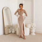 Damen elegantes Strick-Maxikleid mit innovativem Cut-Out-Design und weitem Schlitz R&B
