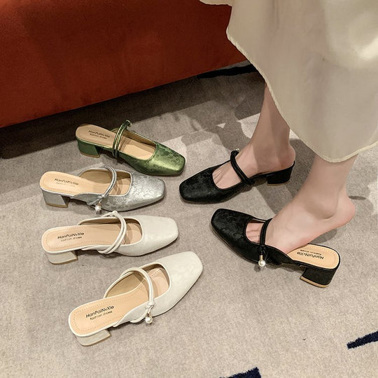 Damen modische Mules mit schicker Perlenapplikation und elegantem Blockabsatz R&B