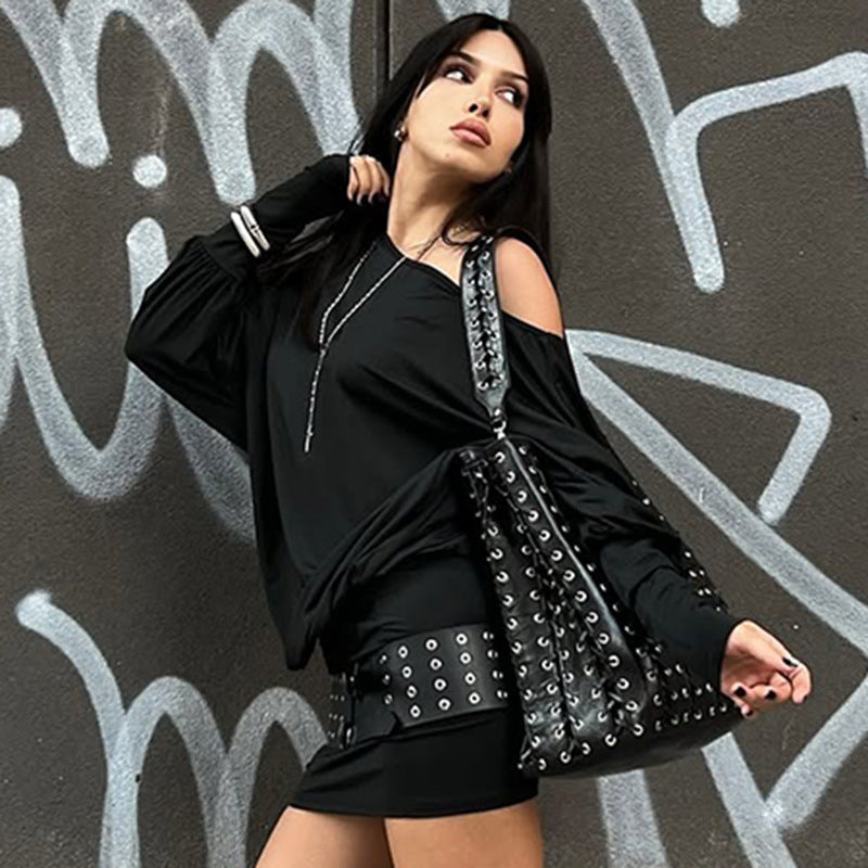 Damen Lässiges Off-Shoulder Kleid mit seitlicher Raffung R&B