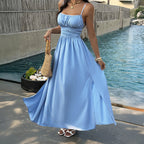 Damen Elegantes Maxikleid mit verstellbaren Spaghettiträgern und seitlichem Schlitz R&B
