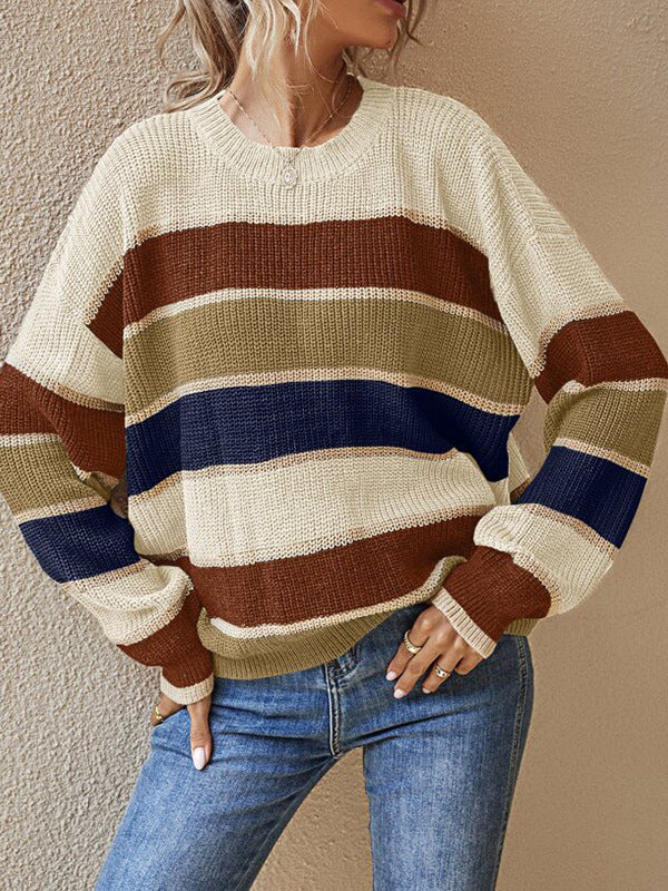Damen lässiger Grobstrickpullover mit Farbblockmuster und weitem Schnitt R&B