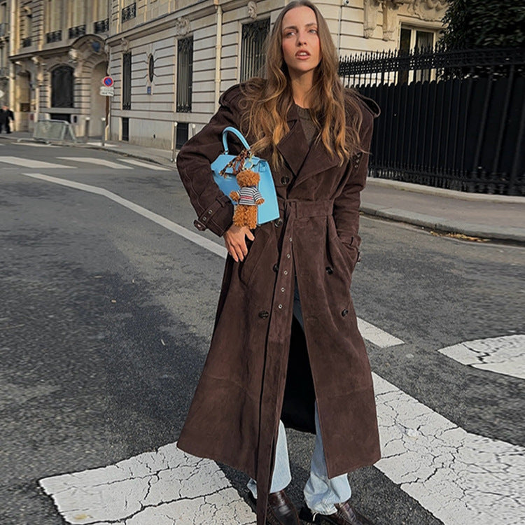 Damen Langer Trenchcoat aus weichem Wildlederimitat mit modischen Details R&B
