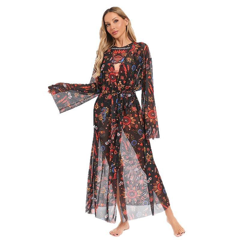 Damen eleganter transparenter Strandkimono mit floralem Design R&B