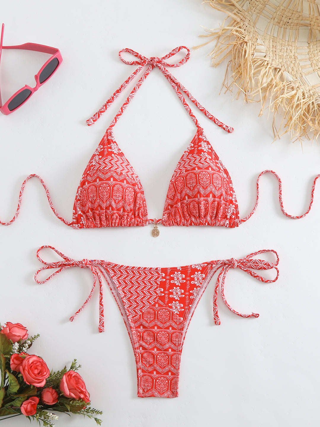 Damen Triangel-Bikini mit liebevollem Blumenmuster und verstellbaren Trägern R&B