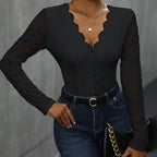 Damen Spitze Bodysuit mit V-Ausschnitt und langen Ärmeln R&B