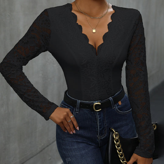 Damen Spitze Bodysuit mit V-Ausschnitt und langen Ärmeln R&B