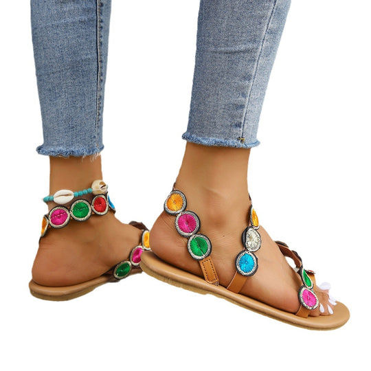 Damen bunte Zehentrenner mit grossen Schmuckdetails R&B