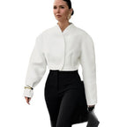 Damen Modische kurze Jacke mit voluminösen Ärmeln und hochgeschichtetem Kragen R&B