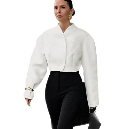 Damen Modische kurze Jacke mit voluminösen Ärmeln und hochgeschichtetem Kragen R&B