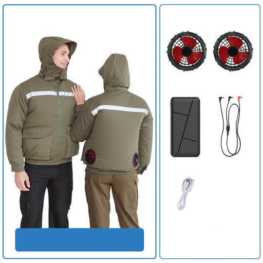 Unisex nan ventilated jacket for work and outdoor with integrated USB fans, battery compartment and hood R&B