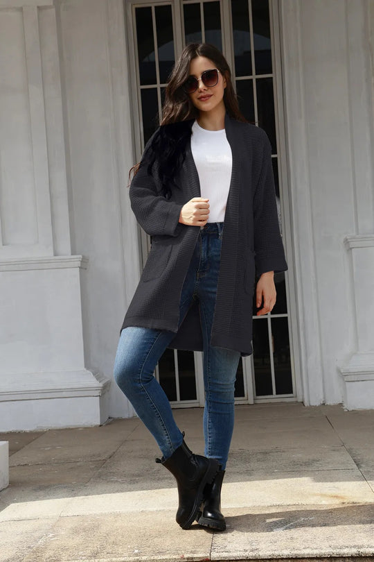 Damen lässiger Strickcardigan mit praktischen Taschen und offener Front R&B