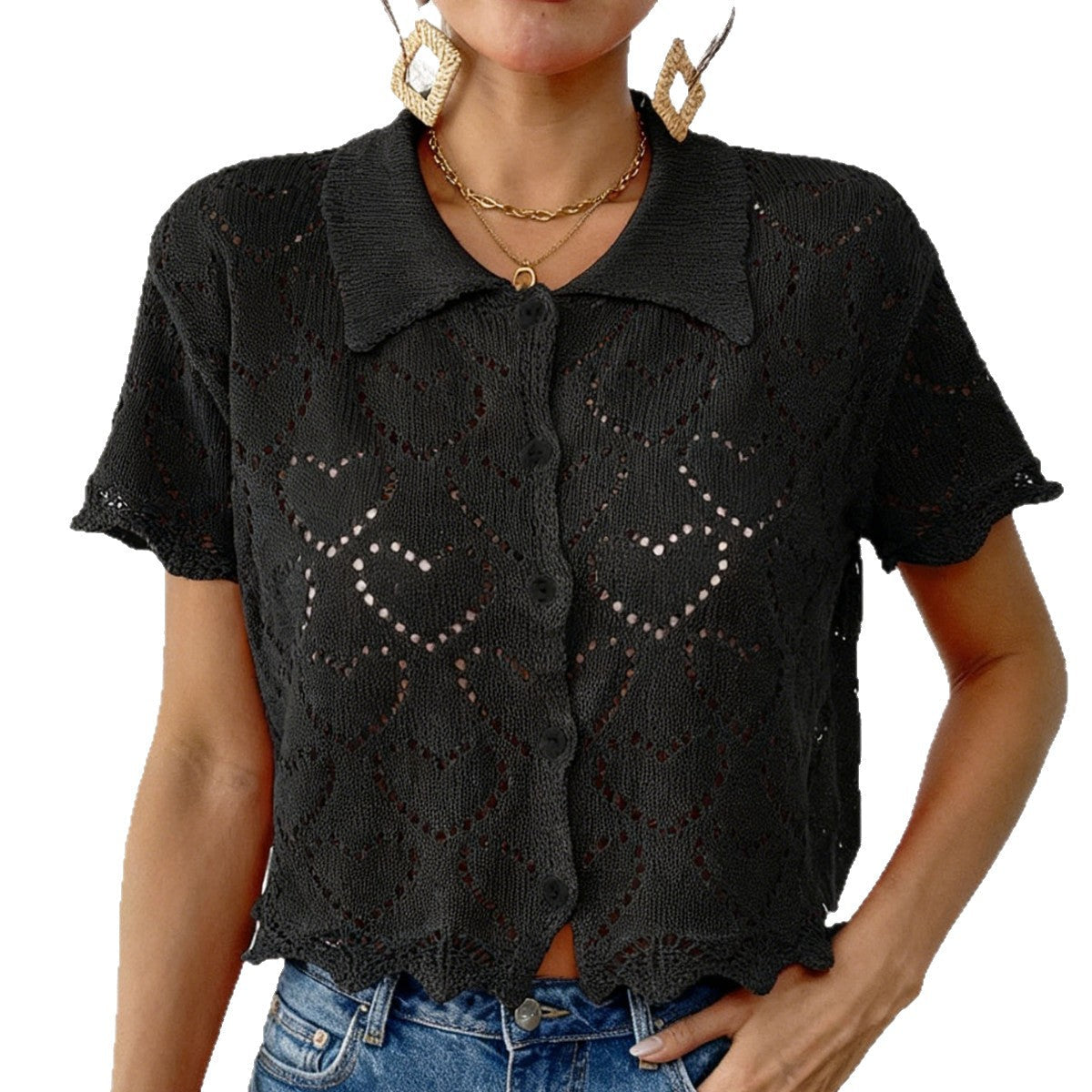 Damen luftiger Häkel-Cardigan mit modischem Lochmuster R&B