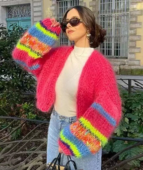 Damen Strickjacke mit voluminösen Ärmeln und farbverlaufendem Design R&B