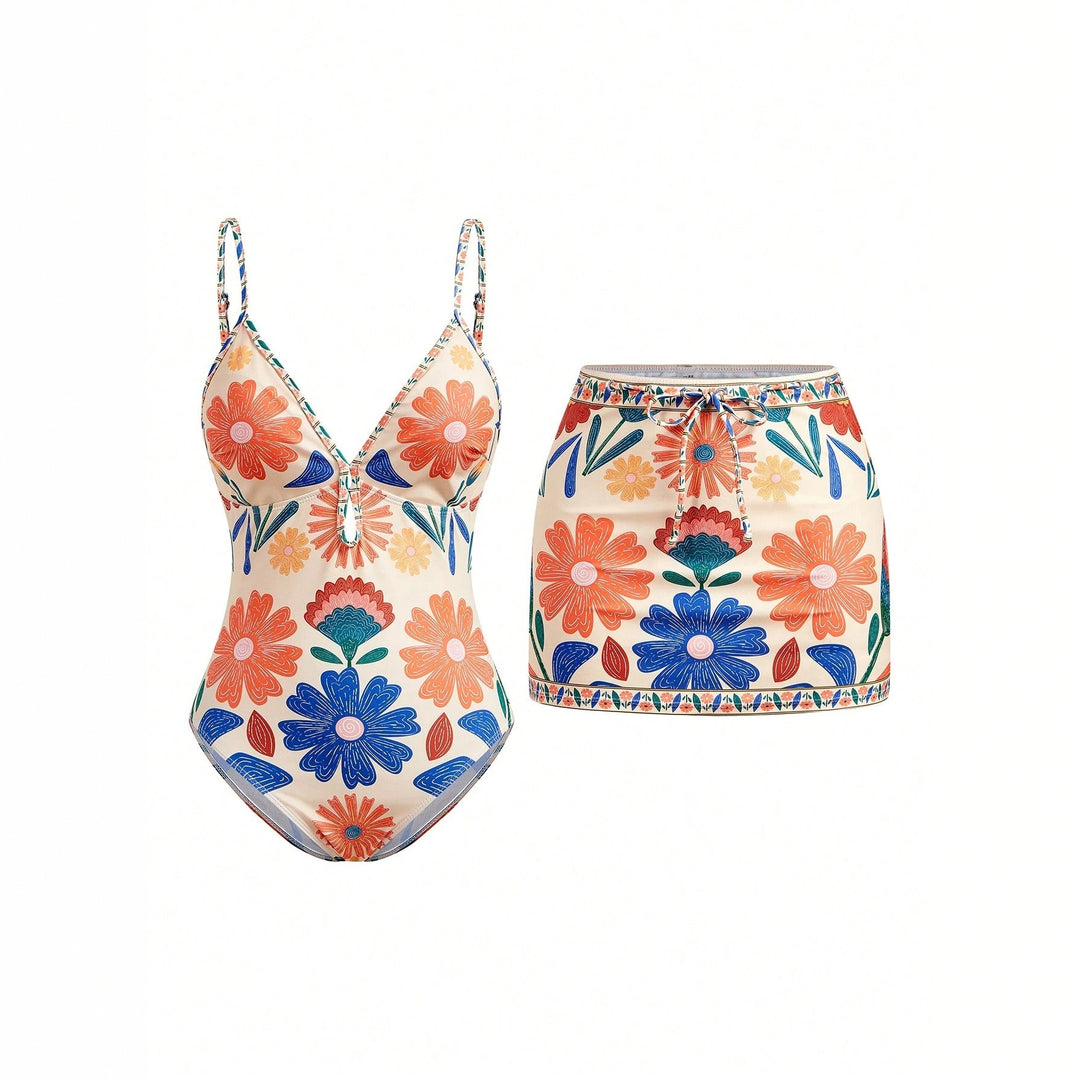 Damen Blumenmuster Badeanzug mit passendem Rock R&B