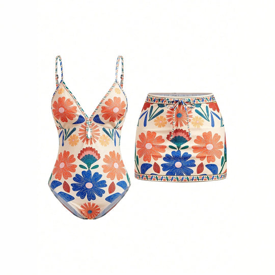 Damen Blumenmuster Badeanzug mit passendem Rock R&B