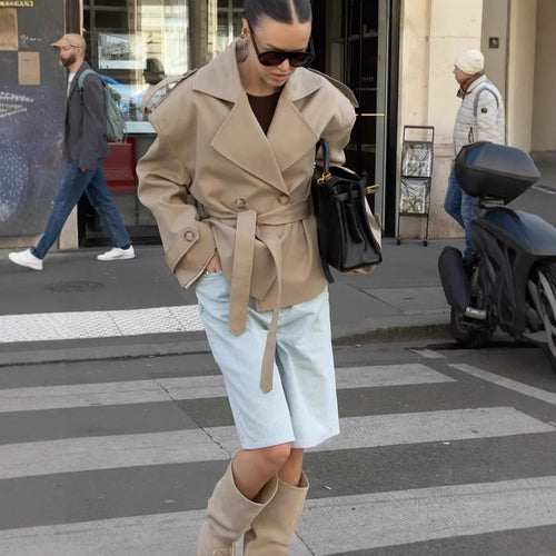 Damen Trenchcoat mit breiten Schultern und Taillengürtel R&B