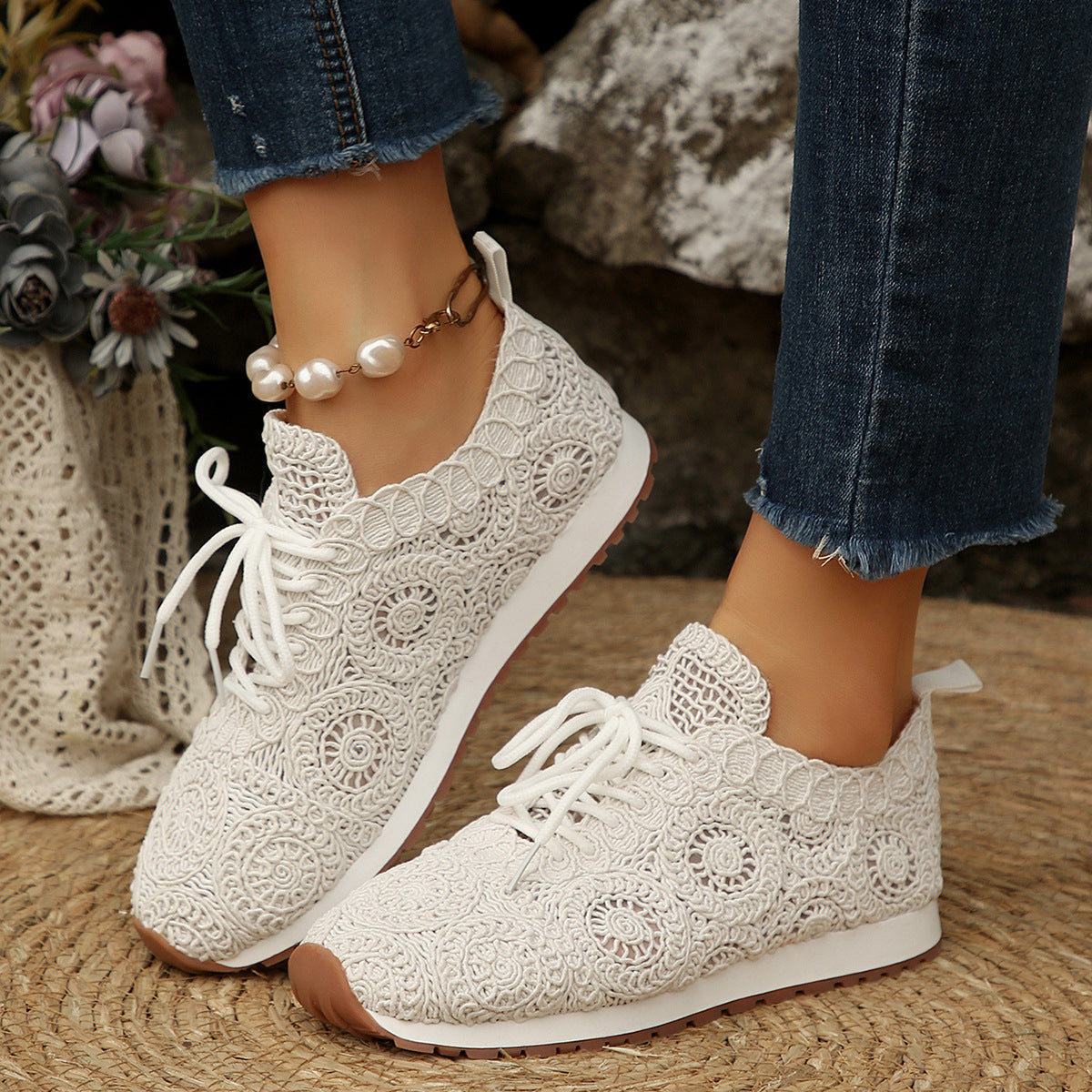 Damen Sneakers mit filigranem Häkeldesign und bequemem Fußbett R&B