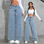 Damen Elegante High-Waist Jeans im weiten Schnitt mit glitzerndem Detail R&B