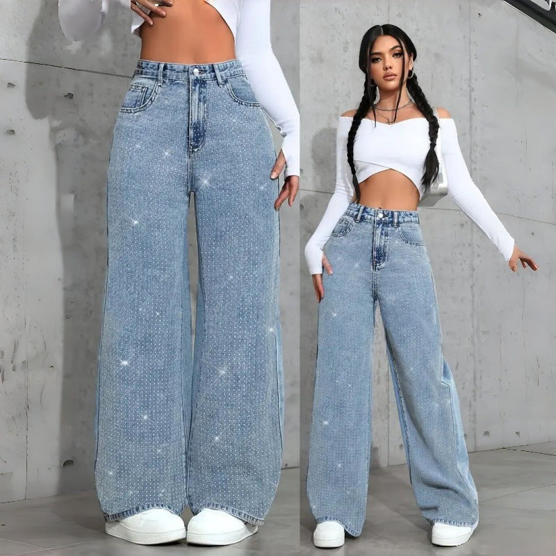 Damen Elegante High-Waist Jeans im weiten Schnitt mit glitzerndem Detail R&B