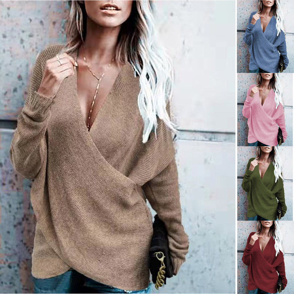 Damen Wickelpullover mit tiefem V-Ausschnitt und lockerer Passform R&B
