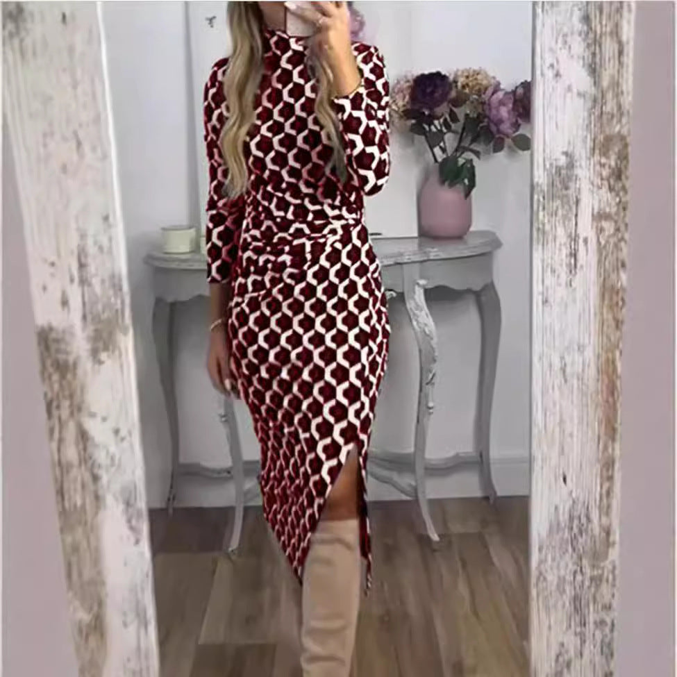 Damen Midi-Kleid mit geometrischem Muster und hohem Schlitz Heidi-Mode