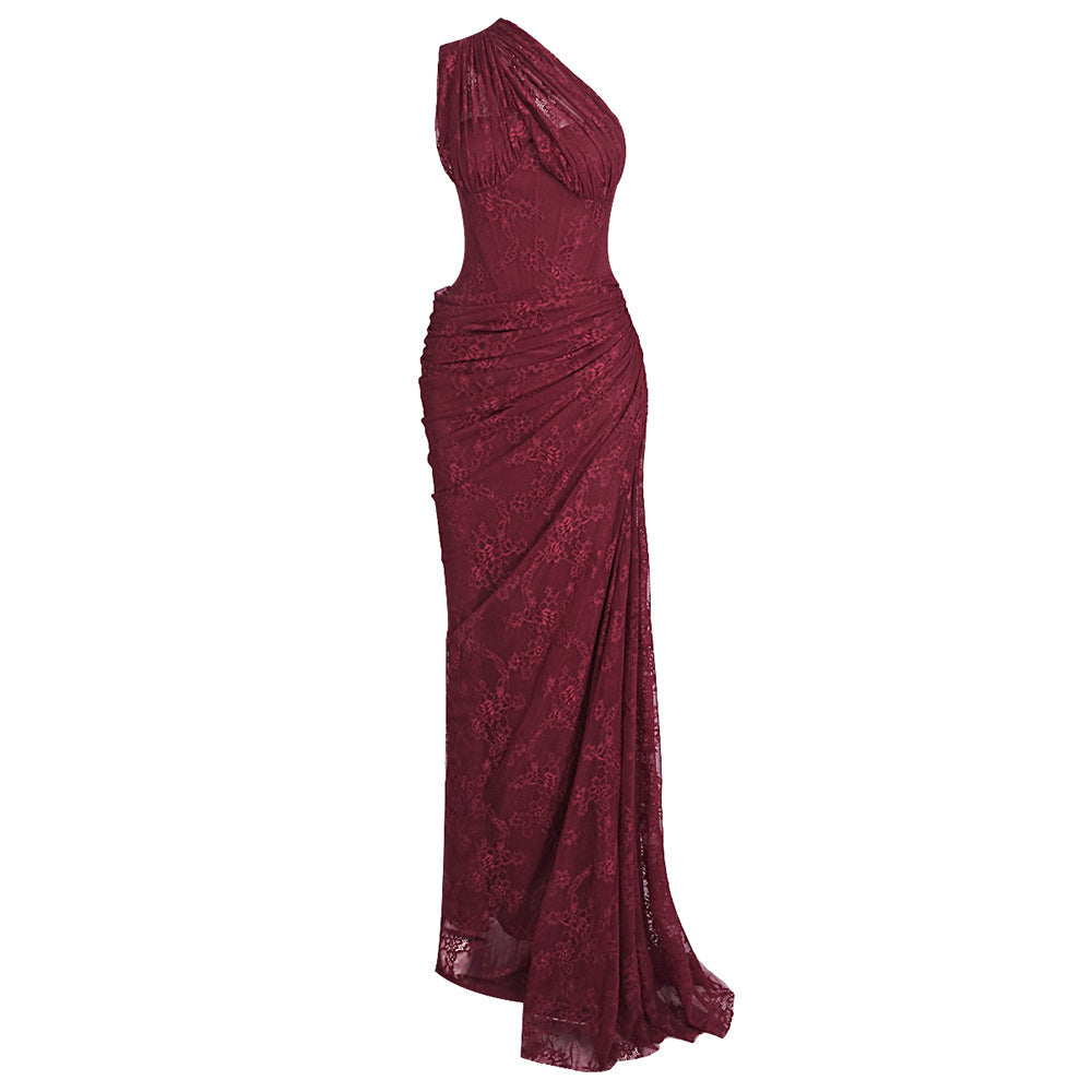 Damen elegantes Abendkleid mit asymmetrischem One-Shoulder-Design und floralem Spitzenbesatz R&B