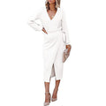 Damen elegantes Wickelkleid mit langem Arm und schickem V-Ausschnitt R&B