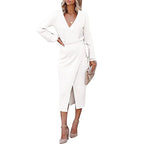 Damen elegantes Wickelkleid mit langem Arm und schickem V-Ausschnitt R&B