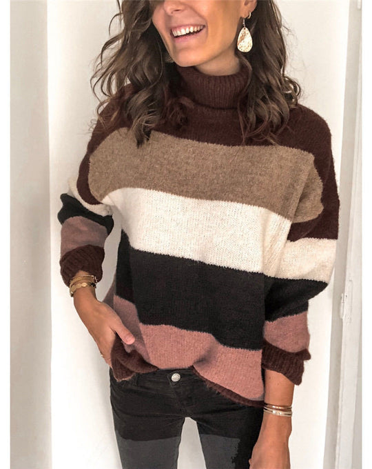 Damen modischer Strickpullover mit hohem Kragen und breitem Streifenmuster R&B