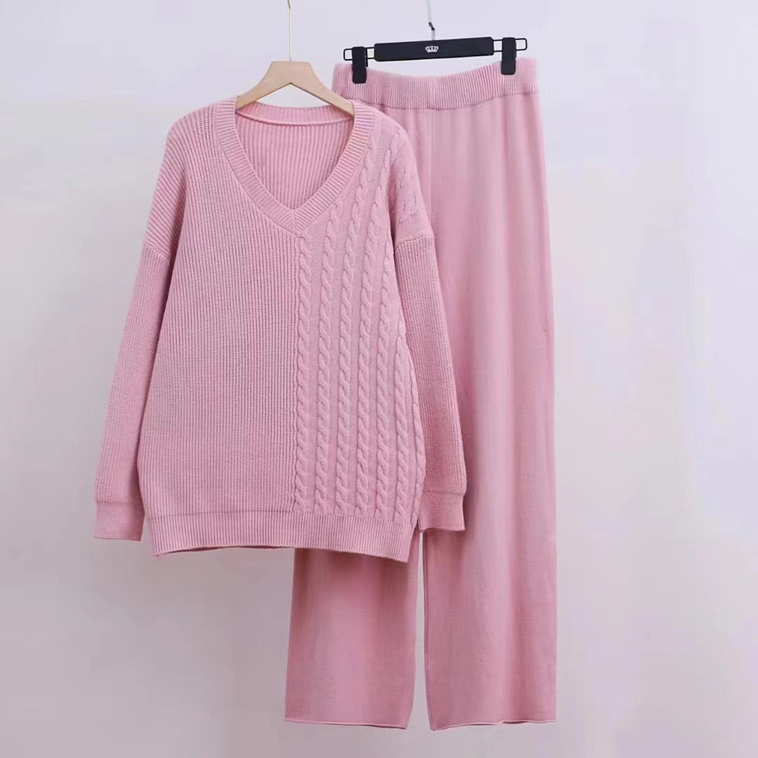 Damen Kuscheliges Strickensemble mit V-Ausschnitt und weitem Bein R&B