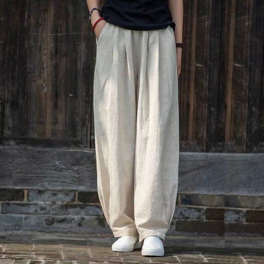 Damen weite Leinenhose mit elastischem Bund und seitlichen Taschen R&B