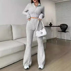 Damen Modisches Strick-Set mit cropped Oberteil und weitem Hosen