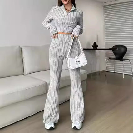 Damen Modisches Strick-Set mit cropped Oberteil und weitem Hosen