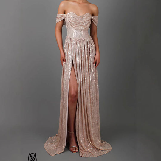 Damen Glitzerndes und schulterfreies Abendkleid mit tiefem Schlitz R&B